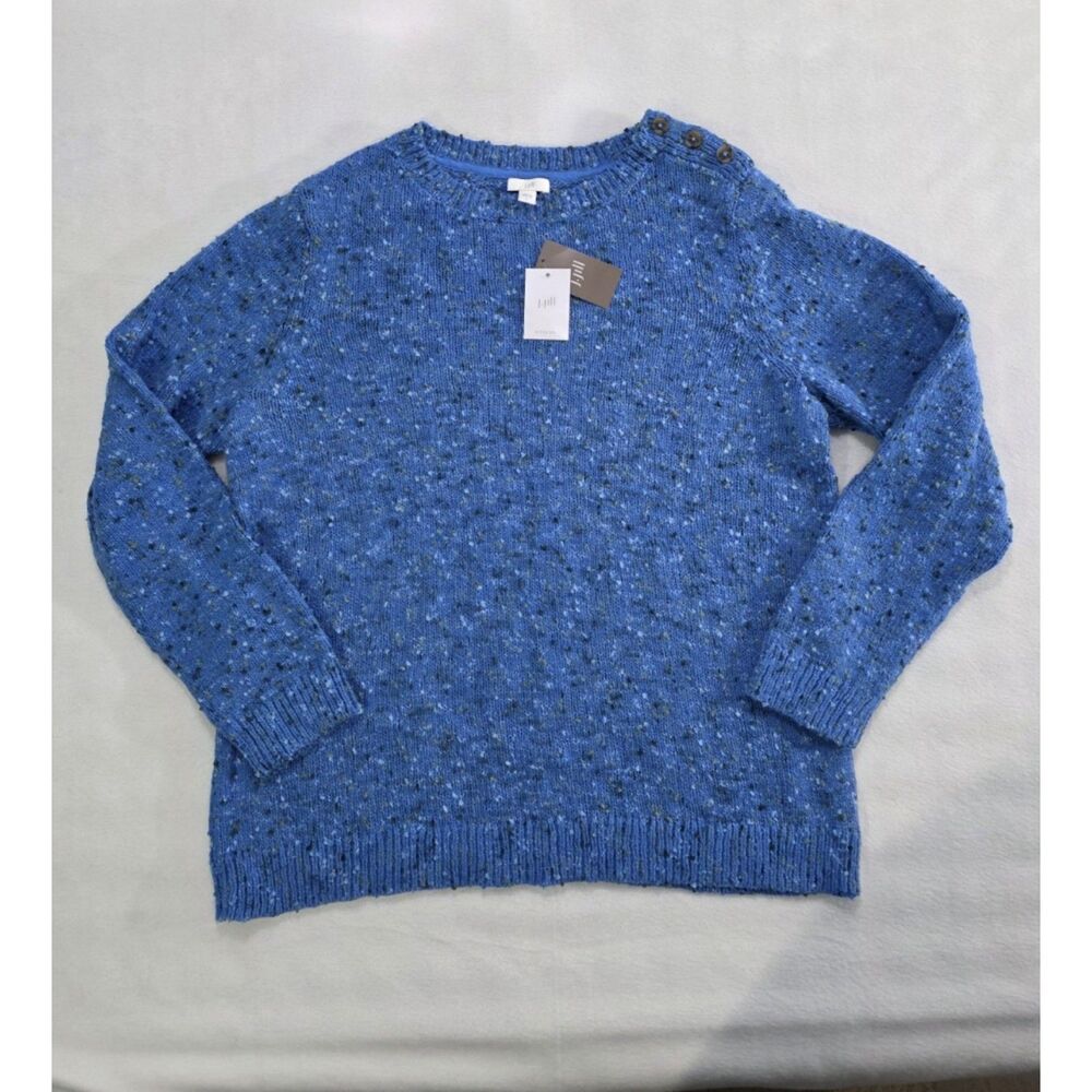 J. Jill Womens Blue Marled Speckle Knit Button Shoulder Sweater NWT L